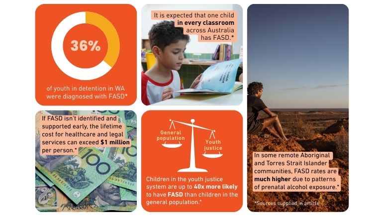 An infographic of the impact of FASD. 36% of WA children in the justice system was diagnosed with FASD